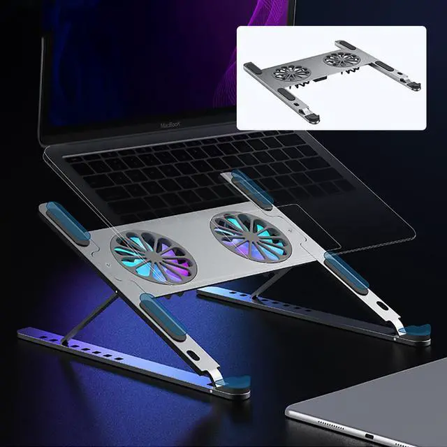 Alt view image 7 of 7 - Aluminum Alloy Foldable Laptop Tablet Stand Adjustable Notebook Bracket With Cooling Fan Heat Dissipation For 10-17.3 inch Notebook MacBook Air Pro HP DELL Cooler