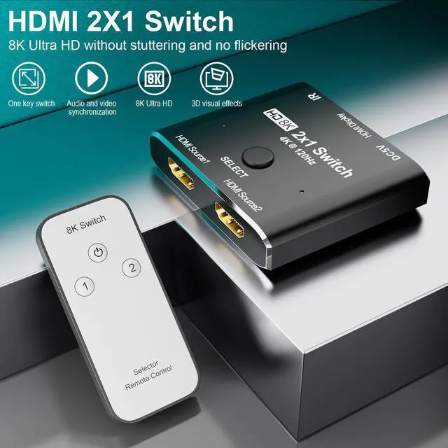 Alt view image 2 of 7 - 8K@60Hz HDMI 2X1 Switch with Remote Controll Selector 2 Source 1 Display HDMI 2.1 Switch for TV Top Box PS5 Xbox