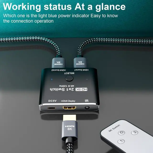 Alt view image 3 of 7 - 8K@60Hz HDMI 2X1 Switch with Remote Controll Selector 2 Source 1 Display HDMI 2.1 Switch for TV Top Box PS5 Xbox