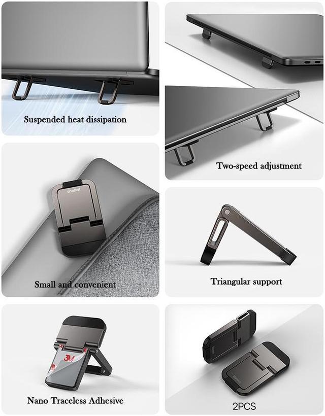 Alt view image 4 of 7 - 2Pcs Zinc Alloy Laptop Stand Triangular Small Lightweight Invisible Tabletop Risers Increase Support with 2 Adjustable Angles for Laptop & Keyboard & Tablet