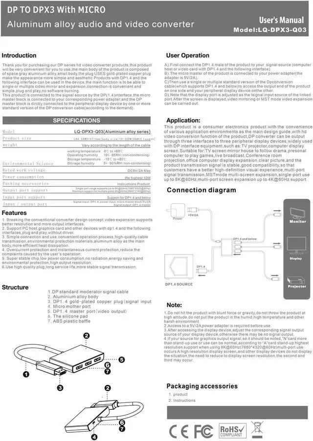 Alt view image 7 of 7 - 8K Displayport to 3 Displayport Splitter Multi Monitor Sharing 3 Ports DP Splitter Aluminum Alloy Audio Video Converter MST Hub for Computer Display Projector