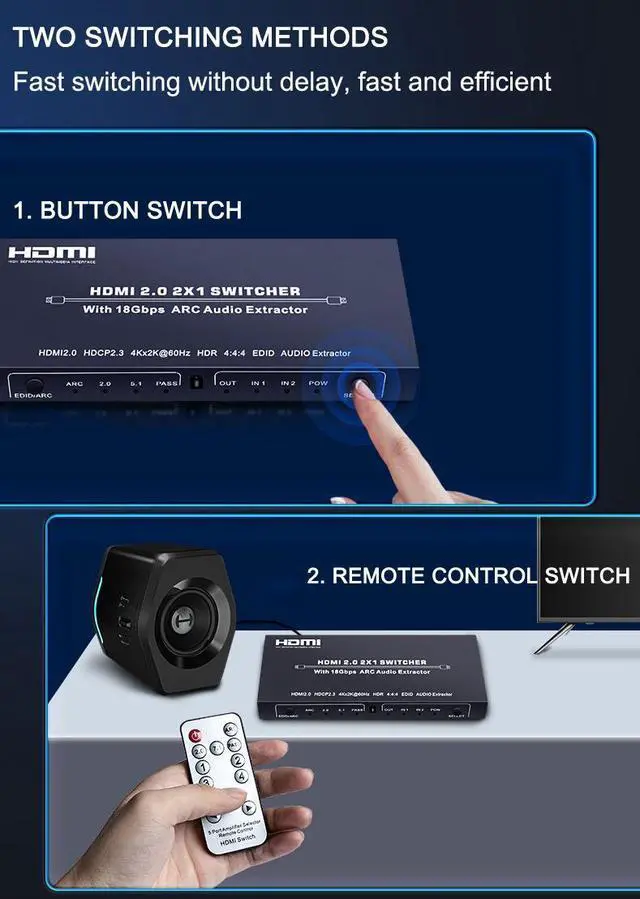 Alt view image 5 of 7 - Audio Extractor & HDMI Video Switch UHD HDMI to HDMI+Audio (SPDIF+LCH/RCH) Audio Splitter 4K 2 In 1 Out HDMI Switch Video Audio Splitter - Extract Audio while Switching