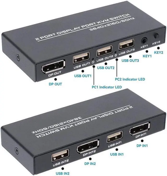 Alt view image 3 of 7 - 2 Port Displayport KVM Switch 4K 60Hz USB DP KVM 2 in 1 out DP USB KVM Switch 2x1 For PC to Share Monitor Mouse Keyboard Printer(with Wired Remote )
