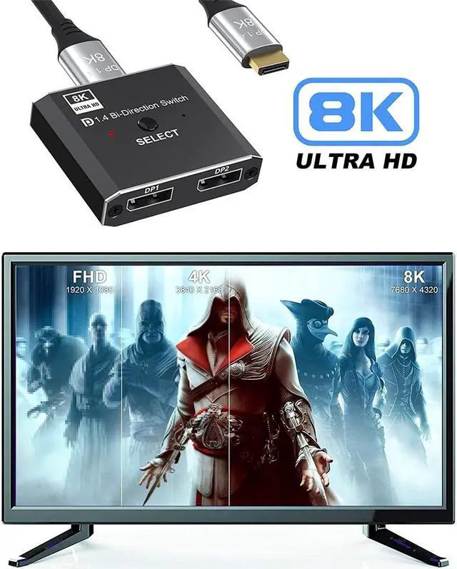 Alt view image 7 of 7 - 8K Bidirectional DP Switch 8K@60Hz 4K@120Hz Displayport Switcher 1x2/2x1 Displayport Switch for Monitor Projector TV PC Laptop