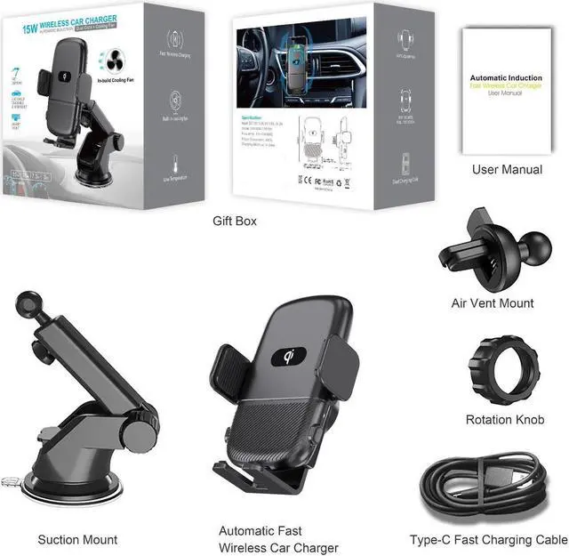 Alt view image 7 of 7 - 15W Fast Wireless Charging Dual Coil Car Charger Car Air Vent Clip Charger FOD Sensor for Samsung Z Flip 3 Foldable Phone iPhone