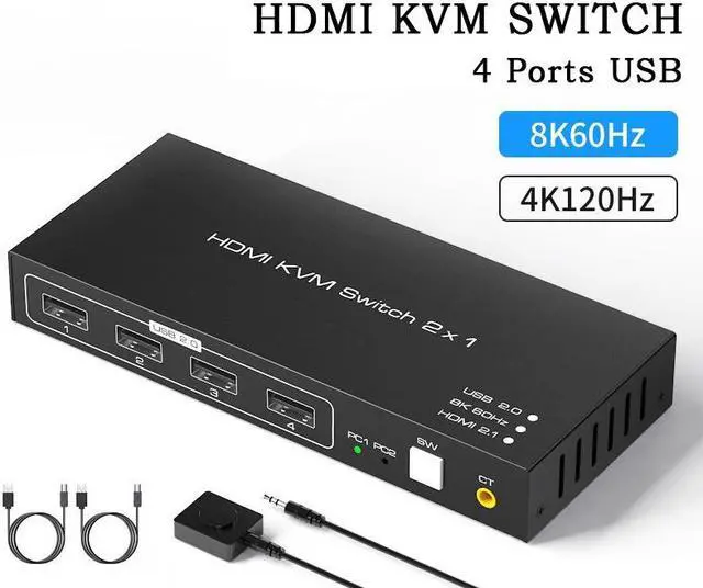 Main image of KVM Switch HDMI 2 Port Box USB Switch selector with 4 USB 2.0 Hub 2 In 1 Out HDMI USB Switch Adapter Switcher 4Kx2K@60Hz Sharing USB Device,Printer,Scanner,Keyboard,Mouse,Wire Control /Body Controller