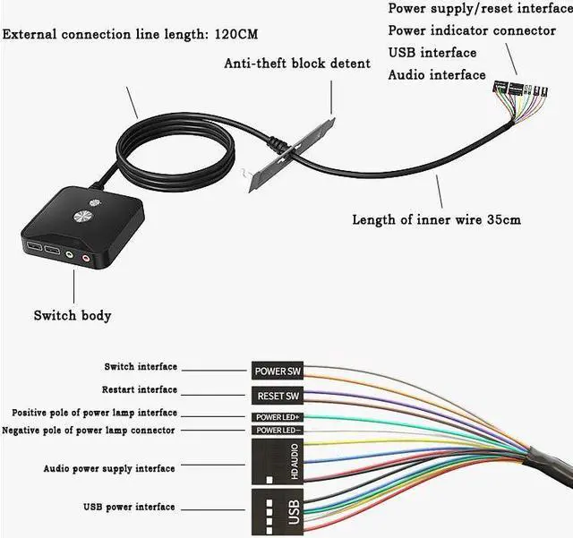 Alt view image 6 of 7 - Desktop Computer Switch Button Extension Cord with Dual USB Audio Desktop Host External On/Off Start / Reset /Audio Button Paste Type Computer Switch