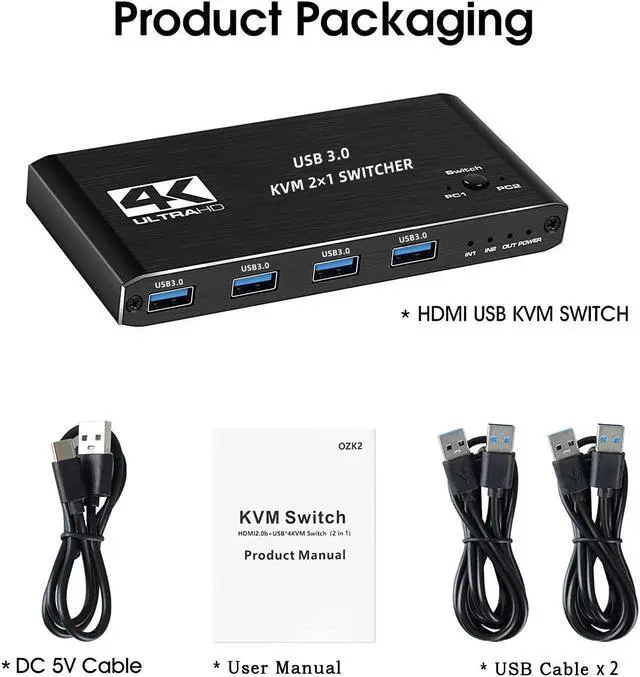 Alt view image 7 of 7 - 4K@60 USB KVM Switch USB 3.0 Switcher HDMI KVM Switch 2 In 1 Out for 2 PC Sharing Keyboard and Mouse EDID / HDCP Printer