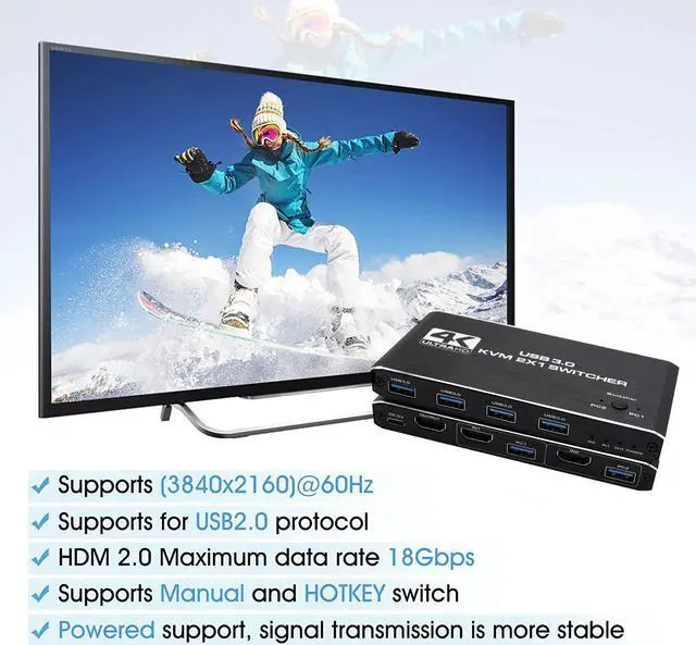 Alt view image 6 of 7 - 4K@60 USB KVM Switch USB 3.0 Switcher HDMI KVM Switch 2 In 1 Out for 2 PC Sharing Keyboard and Mouse EDID / HDCP Printer