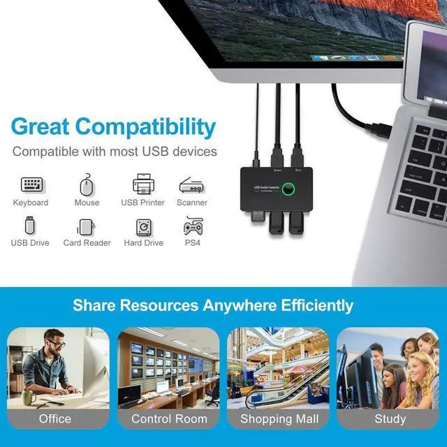 Alt view image 6 of 7 - USB KVM Switch Selector Box USB 3.0 2.0 Switcher 2 Port PCs Sharing 4 Devices for Keyboard Mouse Printer Monitor with 2 USB Cable