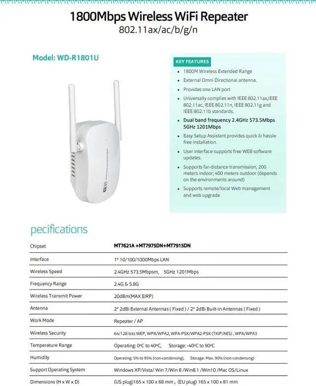 Alt view image 6 of 7 - WiFi 6 WiFi Repeater 1800Mbps Wifi Amplifier Signal Extender Network Booster 5Ghz 802.11ax Long Range Wireless Wi-fi Repeater