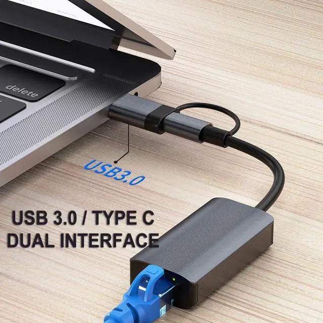 Alt view image 5 of 7 - USB C Ethernet Network Adapter For Macbook Pro Laptop 1000 Mbps USB To RJ45 Dual USB 3.0 Type-C Network Card Lan