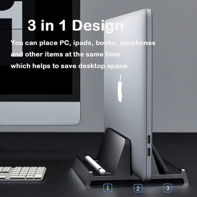 Alt view image 2 of 7 - Vertical Laptop Stand Holder Adjustable Desktop Notebook Dock 3 in 1 Space-Saving Stand for MacBook Pro Air, Laptop Accessories