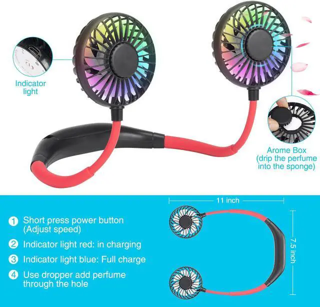 Alt view image 4 of 7 - Portable Hanging Neck Fans USB Rechargeable Mini Air Cooling Fan Air Conditioner Wearable Neckband Fans with Colorful breathing light