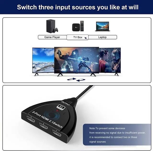 Alt view image 4 of 7 - 8K@60Hz HDMI Switch 3 in 1 out, 3 Ports HDMI 2.1 Switcher 3x1 HDMI Switcher Selector Support 4K@120Hz, 1080P, 3D for Xbox, PS5/4, Blu-Ray Player, Fire Stick, Roku, HDTV 8iop