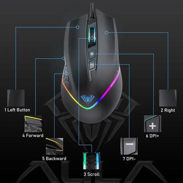 Alt view image 6 of 7 - RGB Wired Programmable Gaming Mouse 6400 DPI Ergonomic Computer Optical Mice for Pc Gamer Desktop Laptop eokCXOY