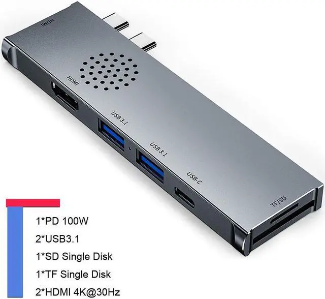 Alt view image 2 of 7 - 7-in-1 Type-c Dock Station Dual Type-c Hub Adapter Dual HDMI 4K@30Hz , SD/TF Card Reader , 100W PD Charging for Air Pro