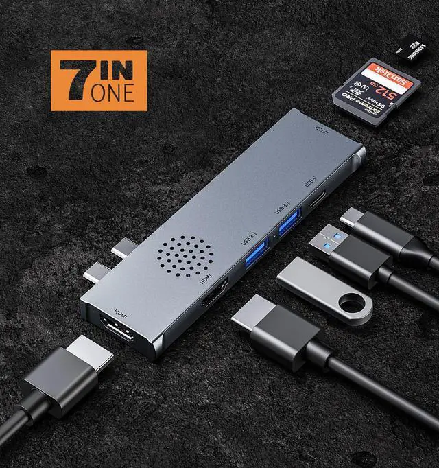 Alt view image 3 of 7 - 7-in-1 Type-c Dock Station Dual Type-c Hub Adapter Dual HDMI 4K@30Hz , SD/TF Card Reader , 100W PD Charging for Air Pro