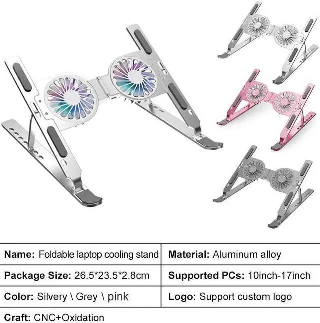 Alt view image 7 of 7 - Aluminum Alloy RGB Laptop Cooler Stand Portable Folding Radiator Laptop PC Bracket With 7-speed Adjustable Laptop Heatsink Tablet Notebook Computer Holder Pink