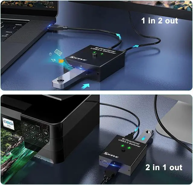 Alt view image 2 of 7 - USB 3.0 Switch Selector, Bi-Directional USB Switch 2 in 1 Out / 1 in 2 Out, USB Switcher for 2 Computers Share Keyboard Mouse Scanner Printer, Desktop Controller and 2 USB3.0 Cables Included