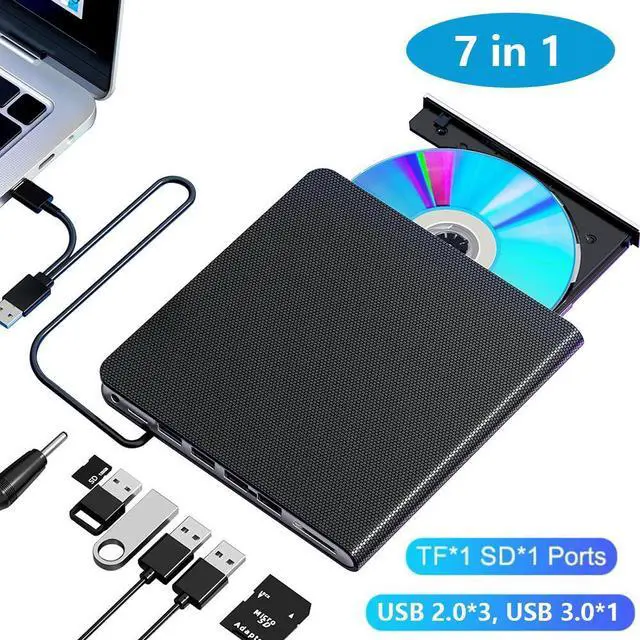 [7 in 1] External CD/DVD Drive, Portable DVD Drive Portable  CD Drive CD±R/RW, CD-ROM, DVD±R/RW, DVD-RAM, External CD DVD Burner for