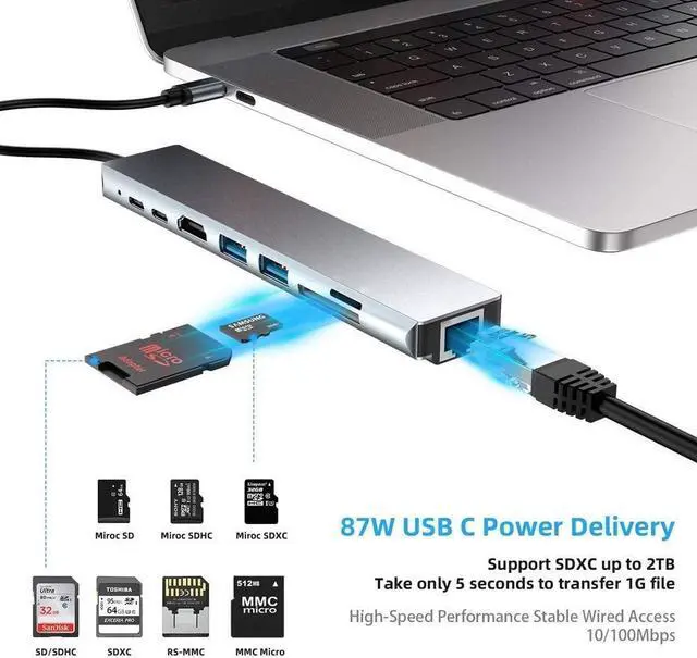Alt view image 3 of 7 - USB C Hub Multiport Adapter 8 in 1 Type C Docking Station Aluminum with 4K HDMI Output, RJ45,2 USB 3.0 Ports, SD/Micro SD Card Reader PD Charging Port Compatible for MacBook Pro,XPS