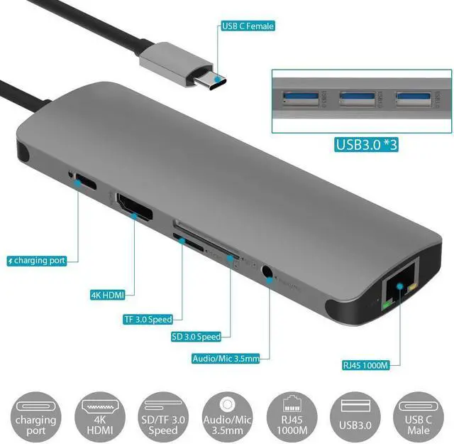 Alt view image 2 of 7 - USB C Hub, USB C Adapter 9 in 1 with USB-C Charging, Port of Mic/Audio,3 USB 3.0 Ports, HDMI, SD, Micro SD Compatible for MacBook Pro, Surface Pro,Notebook PC, USB Flash Drives and More
