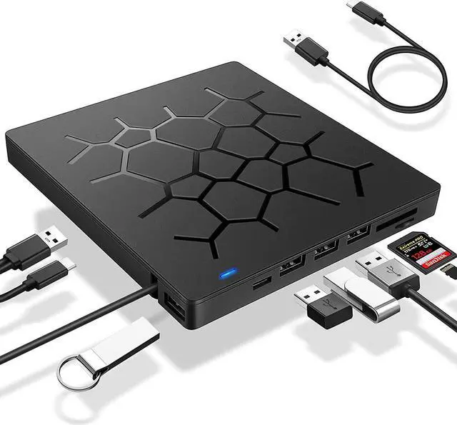 Main image of Multifunct Portable USB 3.0 Slim 8X DVD/ Burner +/- Rewriter External Drive with Type-c, Touch Sensitive Button with 4 USB Ports and 2 SD Card Slots Compatible with both Mac & Windows, (7IN1DVD)