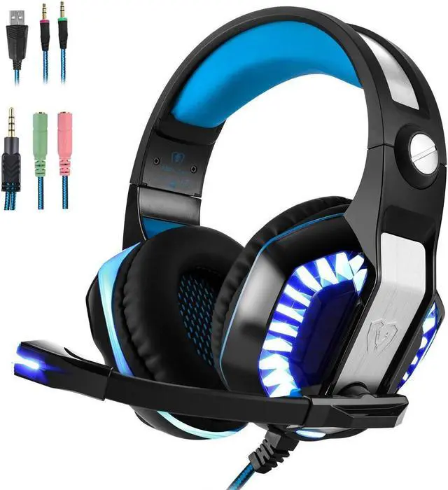 Main image of Beexcellent GM-2 Gaming Headset with Mic - Sound Clarity, Noise Reduction Headphones with LED Lights | Soft & Comfy Ear-Pads | Y Splitter for PlayStation 4, Xbox One, PC, Laptops, Smartphones, Blue