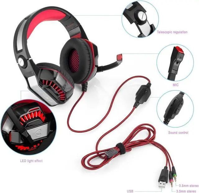 Alt view image 2 of 7 - Beexcellent GM-2 Gaming Headset with Mic - Sound Clarity, Noise Reduction Headphones with LED Lights | Soft & Comfy Ear-Pads | Y Splitter for PlayStation 4, Xbox One, PC, Laptops, Smartphones, Red