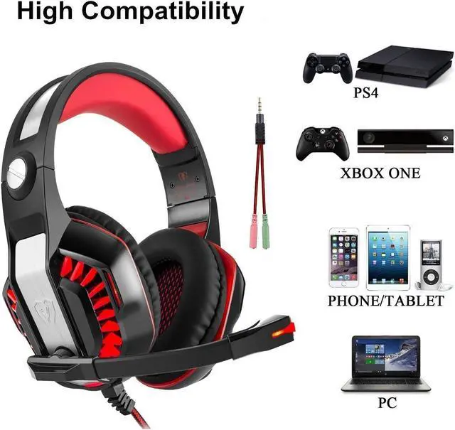 Alt view image 5 of 7 - Beexcellent GM-2 Gaming Headset with Mic - Sound Clarity, Noise Reduction Headphones with LED Lights | Soft & Comfy Ear-Pads | Y Splitter for PlayStation 4, Xbox One, PC, Laptops, Smartphones, Red