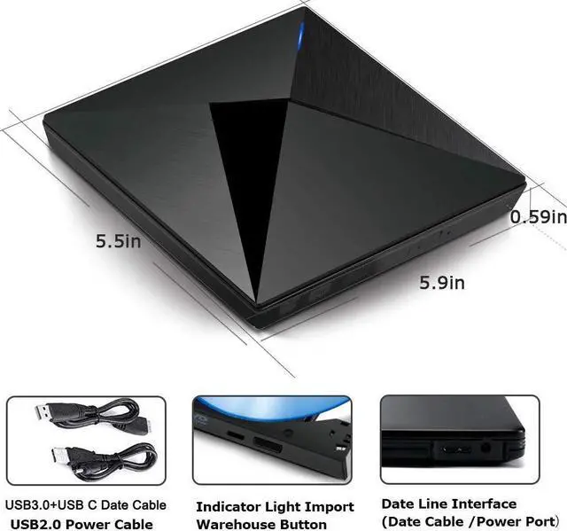 Alt view image 2 of 7 - External DVD Drive, Portable USB 3.0 Type-C CD/DVD Rewriter Burner Drive for Laptop Desktop PC Computer Windows Linux OS Apple Mac MacBook Pro Air iMac - High Speed Data Transfer - Black