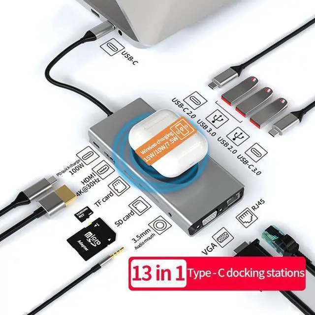 Main image of USB C Hub 13 IN 1 Multiport Adapter for MacBook Pro/Air Mac,with USB3.0,4K HDMI,Ethernet,USB-C Data Port, VGA, 100W Pd Charging,Wireless Charging for iPad Pro/MacBook/Type C Devices,TF/SD Card Reader