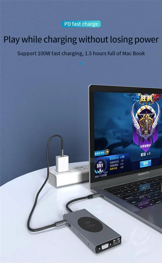 Alt view image 6 of 7 - USB C Hub 13 IN 1 Multiport Adapter for MacBook Pro/Air Mac,with USB3.0,4K HDMI,Ethernet,USB-C Data Port, VGA, 100W Pd Charging,Wireless Charging for iPad Pro/MacBook/Type C Devices,TF/SD Card Reader