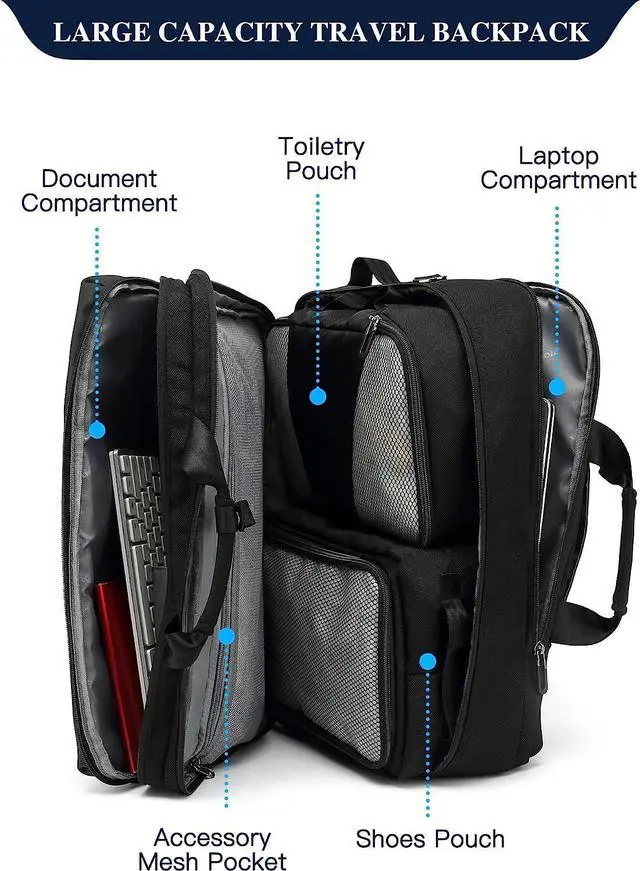 Alt view image 2 of 7 - 3 in 1 Large Travel Backpack Women, Carry On Backpack,Hiking Backpack Waterproof Outdoor Sports Rucksack Casual Daypack Fit 17.3 Inch Laptop with 2 Packing Cubes