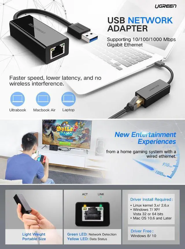 Alt view image 7 of 7 - USB 3.0 to 10/100/1000 Mbps Ethernet Gigabit RJ45 Ethernet LAN Network Adapter-Black