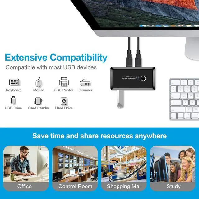 Alt view image 4 of 7 - USB 2.0 Switch Selector, 2 Computer Sharing 4 USB Devices, KVM Switcher Box for Mouse Keyboard Scanner Printer PC, with One Button Swapping and 2-Pack USB2.0 Cable