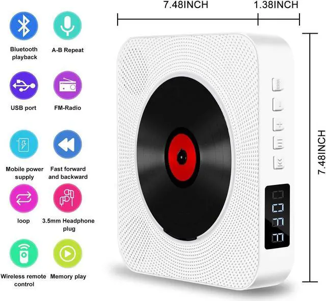 Alt view image 2 of 7 - Portable Bluetooth CD Player, Wall Mountable CD Player Built-in HiFi Speakers with Remote for Music Player Support FM Radio USB Playing 3.5mm Headphone Jack for Home