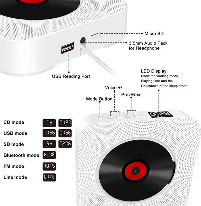 Alt view image 3 of 7 - Portable Bluetooth CD Player, Wall Mountable CD Player Built-in HiFi Speakers with Remote for Music Player Support FM Radio USB Playing 3.5mm Headphone Jack for Home