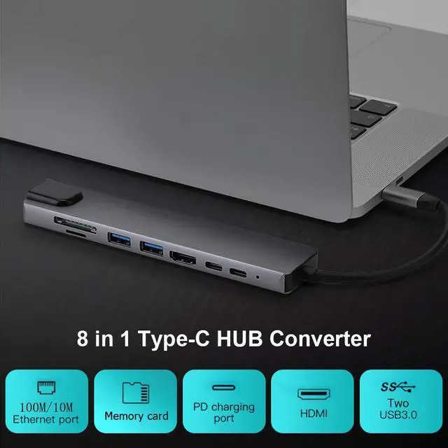 Alt view image 2 of 7 - USB C Hub, 8-in-1 Type C Adapter Mini Docking Station with 4K HDMI, RJ45 Port, 2 USB 3.0 Ports, SD/TF Card Reader, 87W Power Supply,Type-C Data Port for iPad Pro/MacBook/Type C Devices