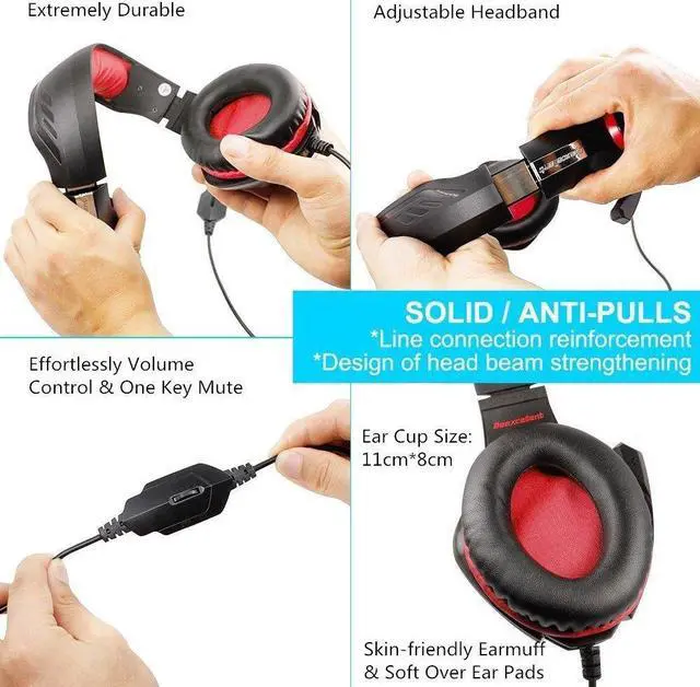 Alt view image 4 of 7 - Gaming Headset with Mic for Xbox One PS4, Xbox One Headset, PS4 Headset, Over-Ear Gaming Headphones with Volume Control LED Light 3.5mm Audio Jack for Laptop PC iPad Smartphones, Black+Red