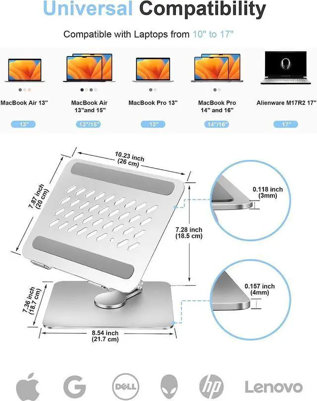 Alt view image 2 of 7 - Swivel Aluminum Laptop Stand - Height Adjustable Laptop Stand for Desk - Ventilated & Ergonomic Laptop Holder - Universal Compatibility for up to 17.3 inches Notebook Laptops Holder