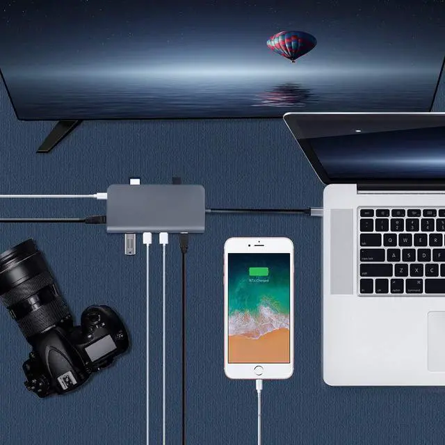 Alt view image 4 of 7 - USB-C HUB Multiport USB C Adapter, 8-in-1 Type-C Dongle USB-C Thunderbolt 3 Dock Portable with Gigabit Ethernet, 60W USB C PD Charge Port, 4K HDMI, SD/TF Card Reader, 3-USB 3.0 Ports for MacBook/Pro