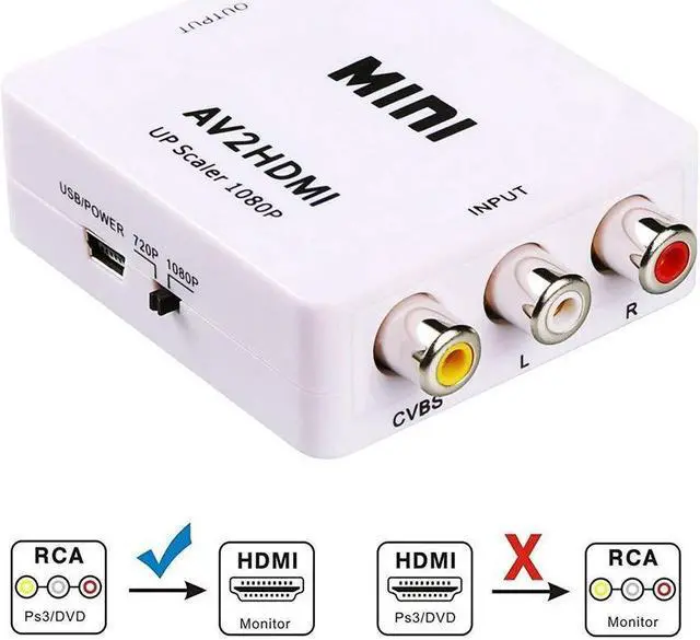 Main image of 3RCA Composite CVBS AV to HDMI Video Audio Converter Adapter Mini Box Support 1080P PAL/NTSC with USB Power Cable for TV/PC/PS3/Blue-Ray DVD, White