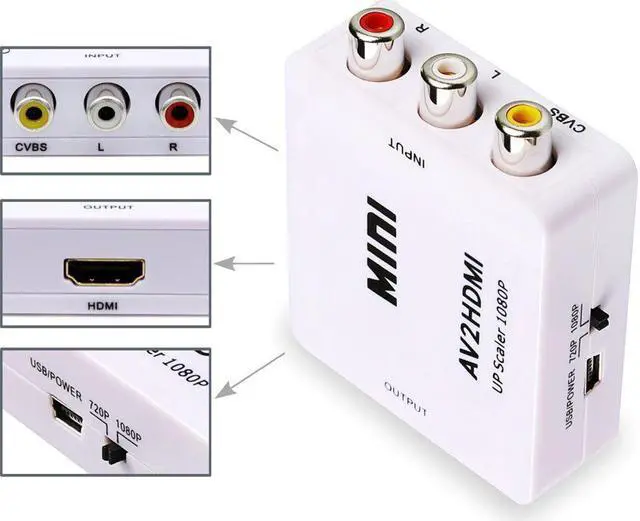 Alt view image 3 of 7 - 3RCA Composite CVBS AV to HDMI Video Audio Converter Adapter Mini Box Support 1080P PAL/NTSC with USB Power Cable for TV/PC/PS3/Blue-Ray DVD, White