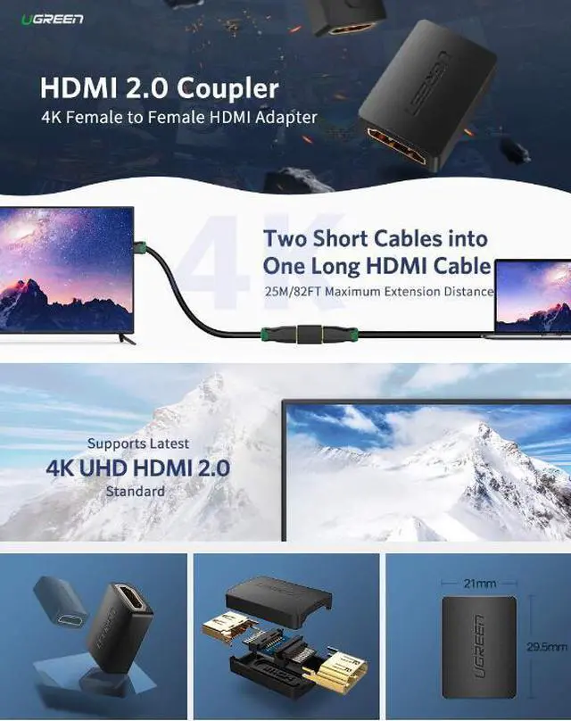 Alt view image 7 of 7 - HDMI Coupler High Speed HDMI Female to Female Support 3D 4K 1080P HDMI Extender for TV Roku stick Chromecast Nintendo Switch Xbox PS4/3 and Extending HDMI Device, 29 x 22mm, Black (2 Pack)