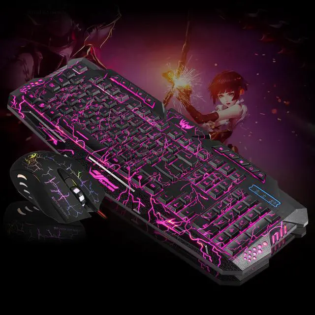 Alt view image 5 of 7 - Gaming Keyboard and Mouse Combo, LED Backlit Keyboard, USB Wired Gaming Mouse, 3 Color Blue/Red/Purple LED Backlit Crack Keyboard and Mouse Set for Gamer Office