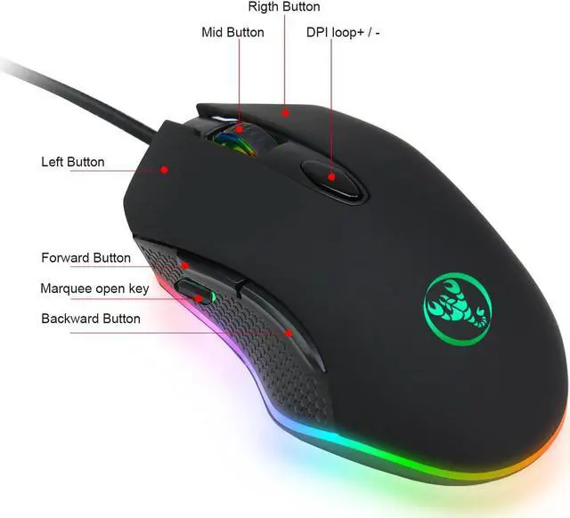 Alt view image 3 of 7 - HXSJ Gaming Mouse USB Wired Mouse 6 Buttons 200-4800DPI Optical USB Wired Desktop Mice RGB Backlit For game player eokCXOY