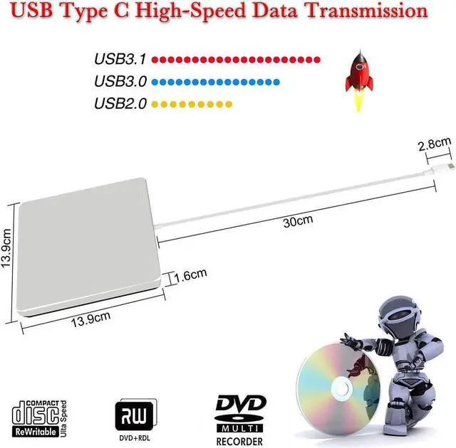 Alt view image 4 of 7 - External DVD Drive with Case, USB 3.0 Type-C CD DVD +/-RW Optical Drive USB C Burner Slim CD/DVD ROM Rewriter Writer Reader Portable for PC Laptop Desktop MacBook Mac Windows 7/8/10, Silver
