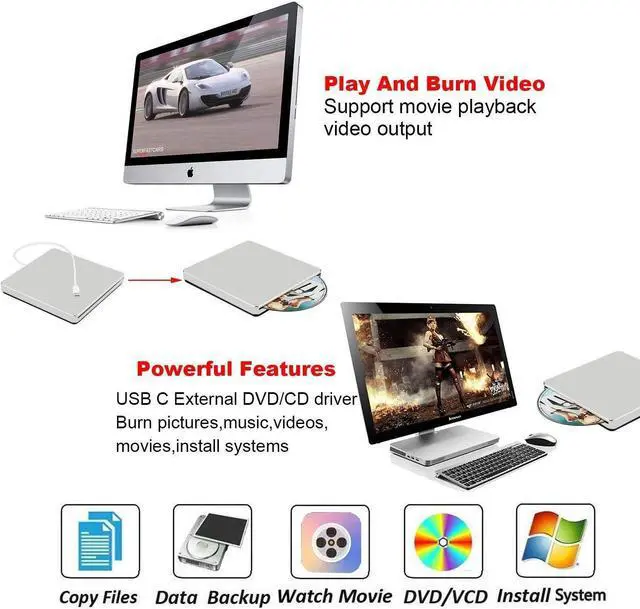 Alt view image 6 of 7 - External DVD Drive with Case, USB 3.0 Type-C CD DVD +/-RW Optical Drive USB C Burner Slim CD/DVD ROM Rewriter Writer Reader Portable for PC Laptop Desktop MacBook Mac Windows 7/8/10, Silver